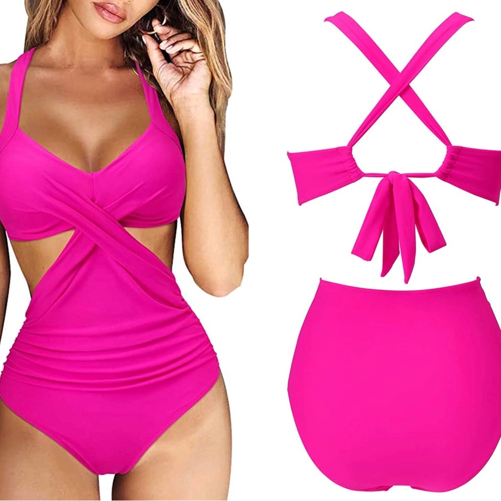 Hot Pink Criss Cross One Piece Tankini Halter SIZE M